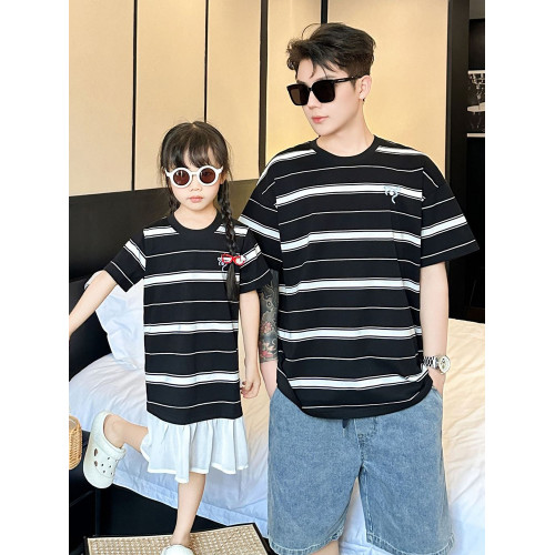 網紅條紋親子裝夏裝短袖一家三口四口小月齡拍照母子母女裝連衣裙