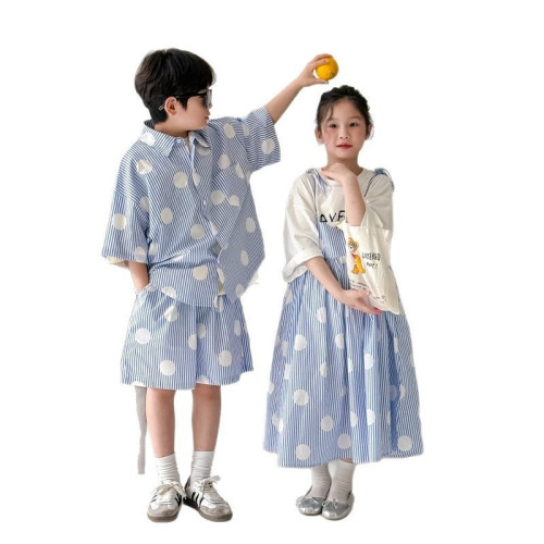 2025新款兒童兄妹裝夏季男女童親子裝龍鳳胎洋氣純棉短袖襯衫套裝