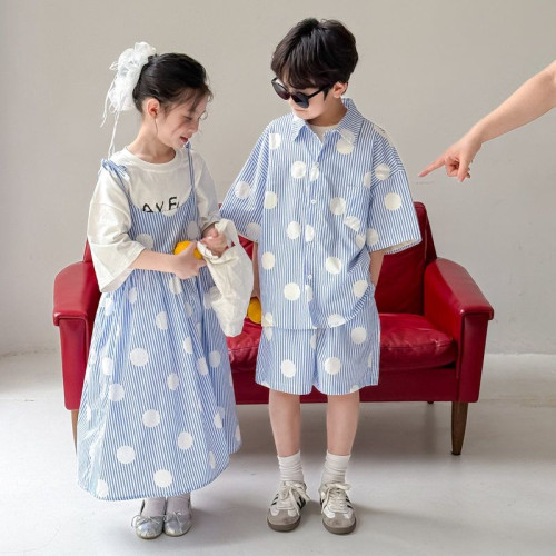 2025新款兒童兄妹裝夏季男女童親子裝龍鳳胎洋氣純棉短袖襯衫套裝
