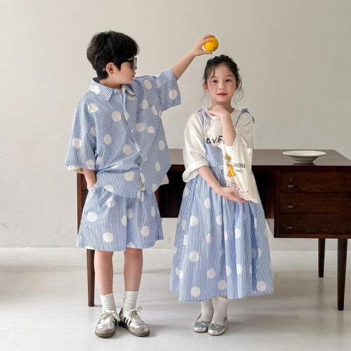 2025新款兒童兄妹裝夏季男女童親子裝龍鳳胎洋氣純棉短袖襯衫套裝