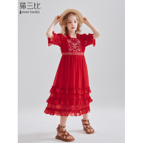 親子裝母女款過膝長裙2025夏季度假風刺綉裙子雲南青海女童連衣裙