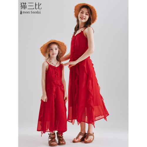 親子裝過膝吊帶裙母女沙灘長裙2025夏季女童度假風兒童背心連衣裙