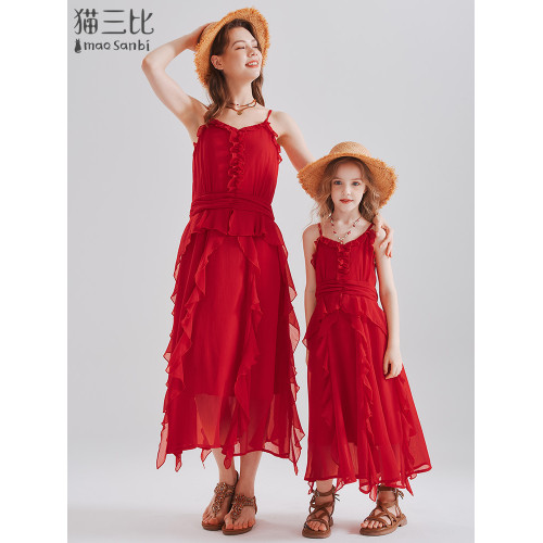 親子裝過膝吊帶裙母女沙灘長裙2025夏季女童度假風兒童背心連衣裙