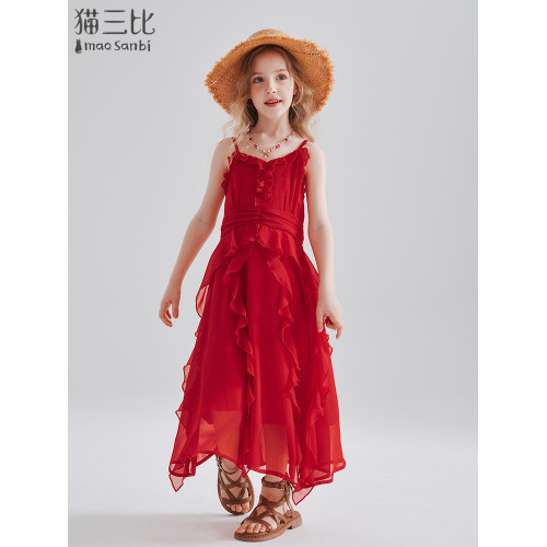 親子裝過膝吊帶裙母女沙灘長裙2025夏季女童度假風兒童背心連衣裙