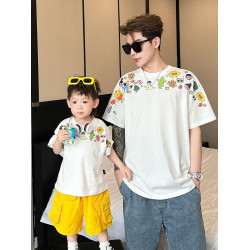 白色網紅親子裝夏裝短袖t恤小月齡一家三口四口卡通母子母女裝潮