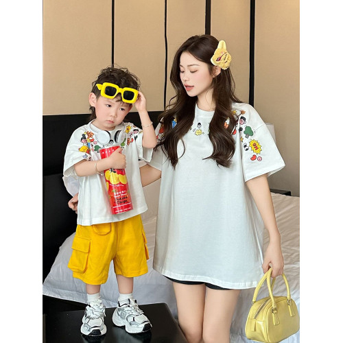 白色網紅親子裝夏裝短袖t恤小月齡一家三口四口卡通母子母女裝潮
