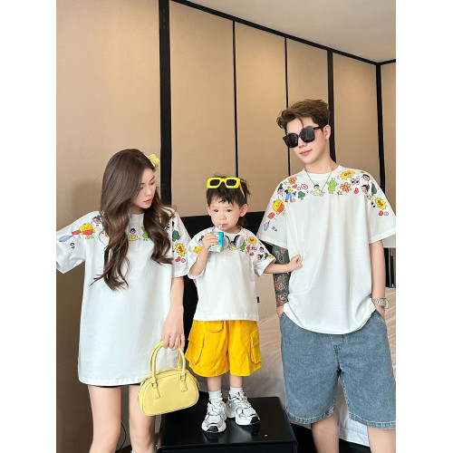 白色網紅親子裝夏裝短袖t恤小月齡一家三口四口卡通母子母女裝潮