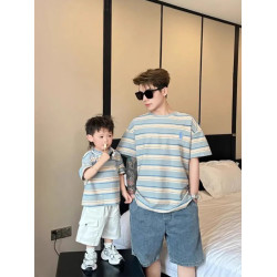 不一樣親子裝子一家三口夏裝母子裝母女裝條紋小月齡嬰兒短袖T恤