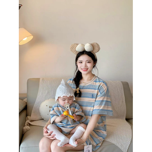 不一樣親子裝子一家三口夏裝母子裝母女裝條紋小月齡嬰兒短袖T恤