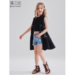 2025夏季親子裝時髦國風新中式女童開衫連衣裙度假馬甲兒童背心裙