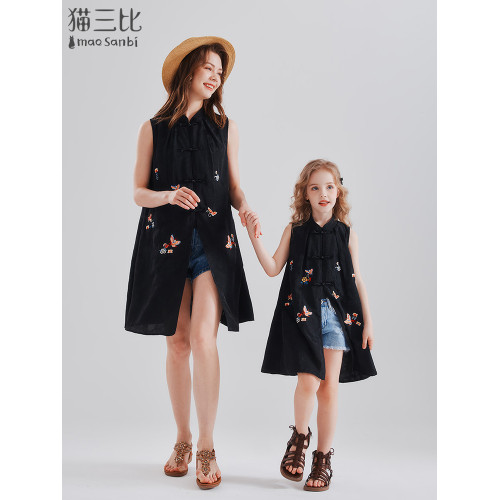 2025夏季親子裝時髦國風新中式女童開衫連衣裙度假馬甲兒童背心裙