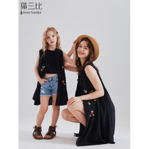 2025夏季親子裝時髦國風新中式女童開衫連衣裙度假馬甲兒童背心裙