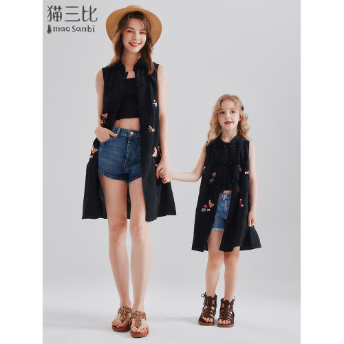 2025夏季親子裝時髦國風新中式女童開衫連衣裙度假馬甲兒童背心裙