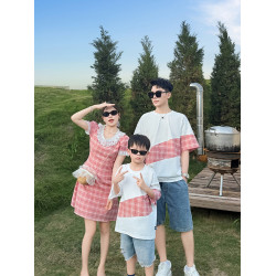 高級親子裝一家三口夏裝母子母女裝格子小月齡嬰兒短袖T恤連衣裙