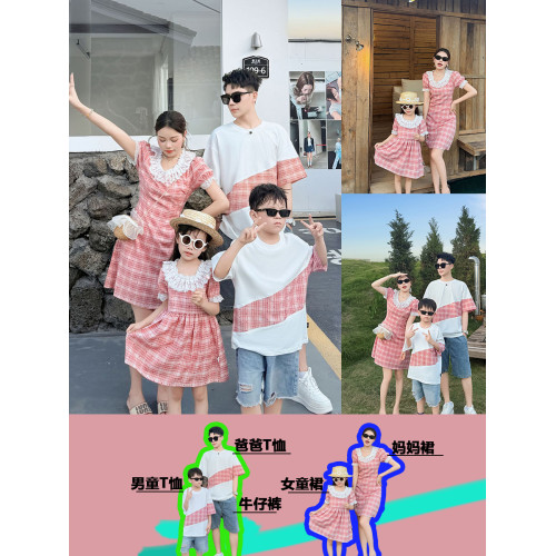 高級親子裝一家三口夏裝母子母女裝格子小月齡嬰兒短袖T恤連衣裙