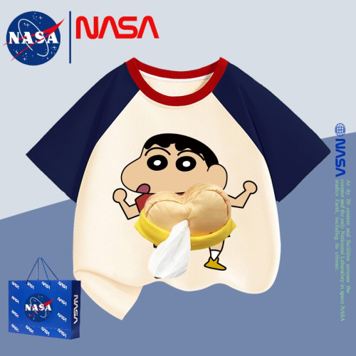 NASA3D立體蠟筆小新可放紙巾抽紙衣服t夏季親子裝兒童純棉短袖T恤