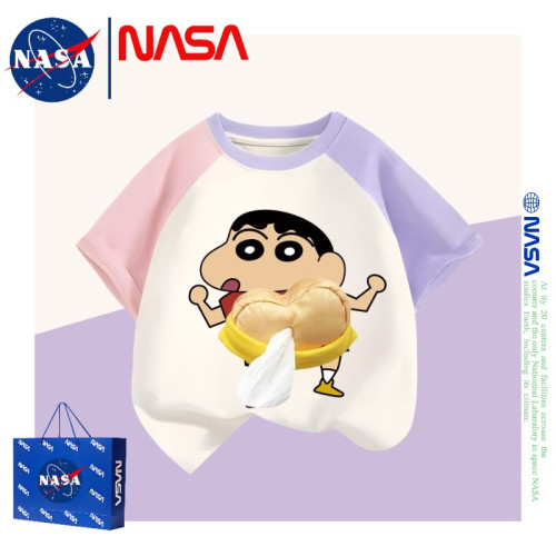 NASA3D立體蠟筆小新可放紙巾抽紙衣服t夏季親子裝兒童純棉短袖T恤