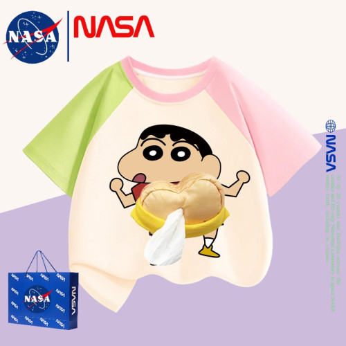 NASA3D立體蠟筆小新可放紙巾抽紙衣服t夏季親子裝兒童純棉短袖T恤