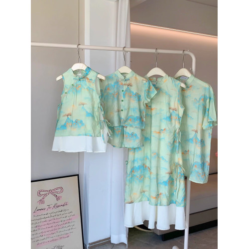 新中式國風款親子裝套裝母女子旗袍漢服連衣裙一家三口夏短袖t恤T