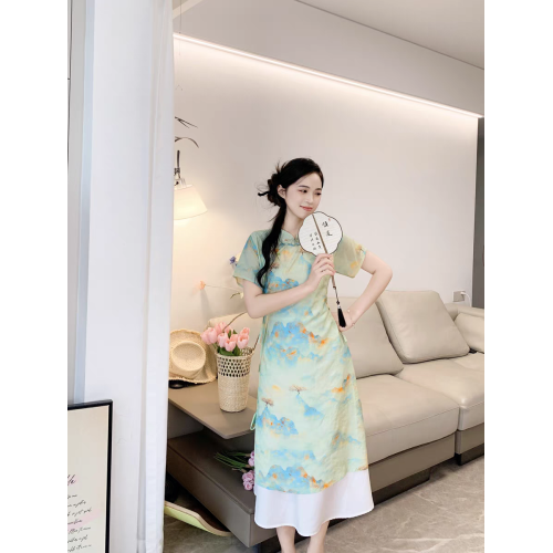 新中式國風款親子裝套裝母女子旗袍漢服連衣裙一家三口夏短袖t恤T