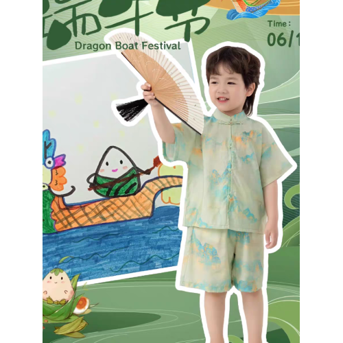 新中式國風款親子裝套裝母女子旗袍漢服連衣裙一家三口夏短袖t恤T