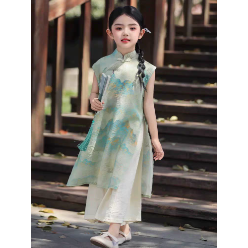 新中式國風款親子裝套裝母女子旗袍漢服連衣裙一家三口夏短袖t恤T