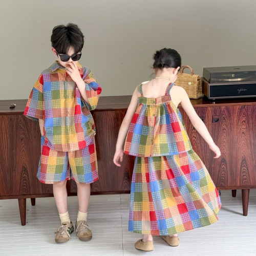 2025新款兄妹裝兒童夏季男女童韓版炸街格子襯衫龍鳳胎親子裝套裝
