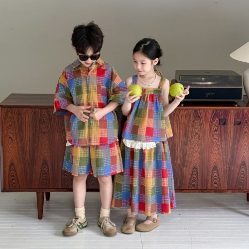 2025新款兄妹裝兒童夏季男女童韓版炸街格子襯衫龍鳳胎親子裝套裝