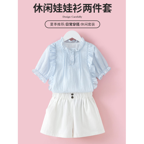 女童短袖襯衫夏季2025新款兒童夏裝立領上衣服娃娃衫女孩薄款襯衣