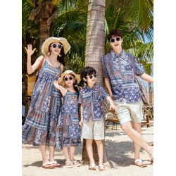 高級親子裝一家三口四口母子套裝大碼夏裝旅遊海邊度假母女連衣裙