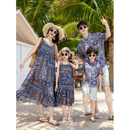 高級親子裝一家三口四口母子套裝大碼夏裝旅遊海邊度假母女連衣裙