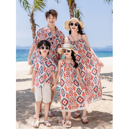 高級親子裝一家三口四口母子套裝大碼夏裝旅遊海邊度假母女連衣裙