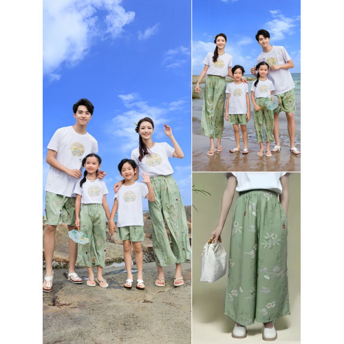 海邊度假親子裝母女款裙褲2025超火新款炸街夏季沙灘一家三口四口