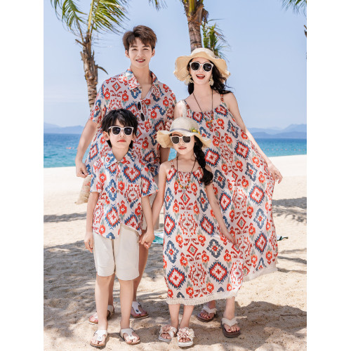 度假親子裝一家三四口民族風旅遊海南西雙版納母女連衣裙襯衫套裝
