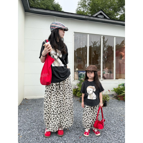 韓版炸街親子裝短袖T恤母女裝2025新款寬松時髦顯瘦豹紋濶腿褲潮