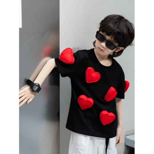 2025新款兒童T恤短袖潮酷痞帥洋氣發光立體愛心上衣親子男童女童