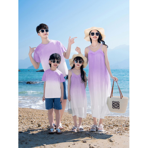三亞度假親子裝夏裝一家三口夏季海邊沙灘裙漸變色母女吊帶連衣裙