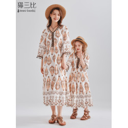 西北雲南度假風女童連衣裙夏季中大童兒童長裙子民族風親子裝裙子