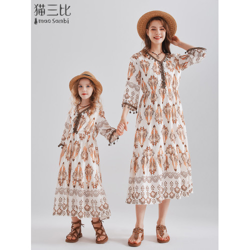 西北雲南度假風女童連衣裙夏季中大童兒童長裙子民族風親子裝裙子