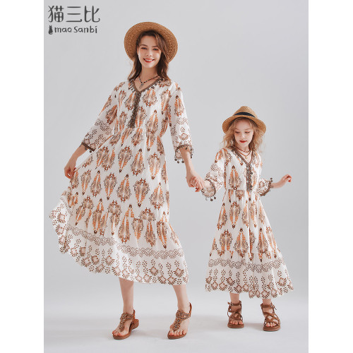 西北雲南度假風女童連衣裙夏季中大童兒童長裙子民族風親子裝裙子