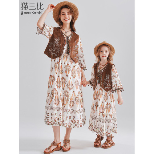 西北雲南度假風女童連衣裙夏季中大童兒童長裙子民族風親子裝裙子