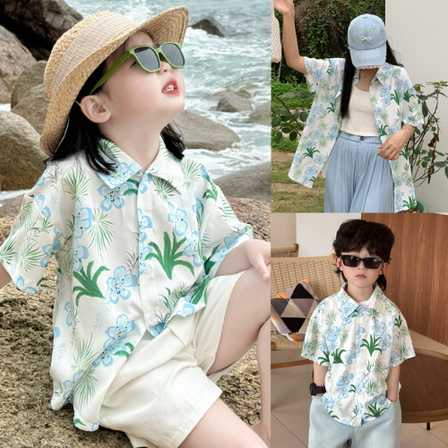 海邊度假親子裝夏季一家三口2025新款炸街母子裝碎花短袖親子襯衫