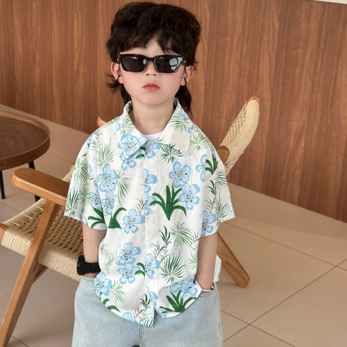 海邊度假親子裝夏季一家三口2025新款炸街母子裝碎花短袖親子襯衫