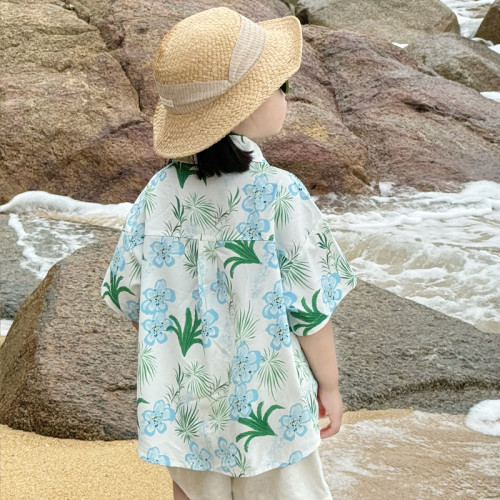 海邊度假親子裝夏季一家三口2025新款炸街母子裝碎花短袖親子襯衫