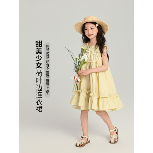 布丁哈魯童裝夏裝女童純棉裙子2025夏季新款兒童甜美荷葉邊連衣裙