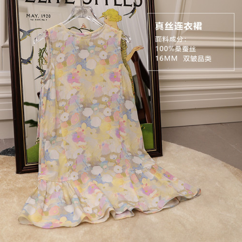 【繭音-花鏡】100%桑蠶絲連衣裙 兒童女童真絲夏季碎花連衣裙雙皺