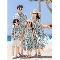沙灘親子裝夏季一家三四口夏威夷復古港風襯衫海邊度假吊帶連衣裙