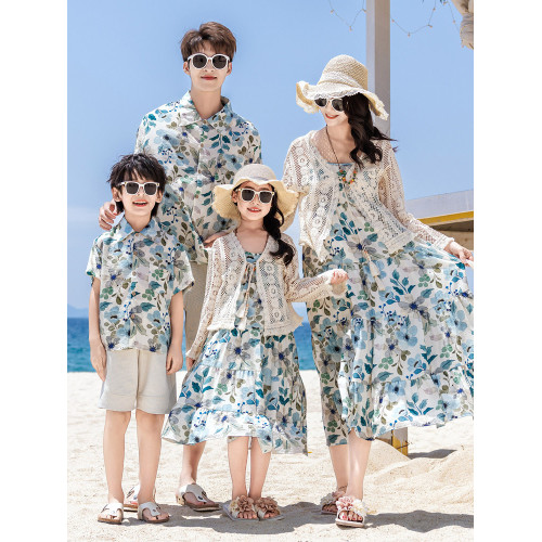沙灘親子裝夏季一家三四口夏威夷復古港風襯衫海邊度假吊帶連衣裙