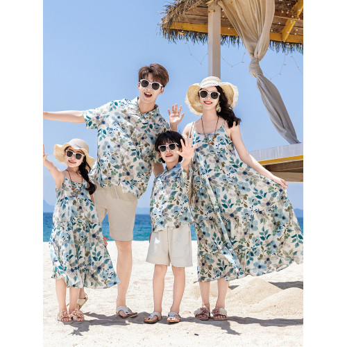 沙灘親子裝夏季一家三四口夏威夷復古港風襯衫海邊度假吊帶連衣裙