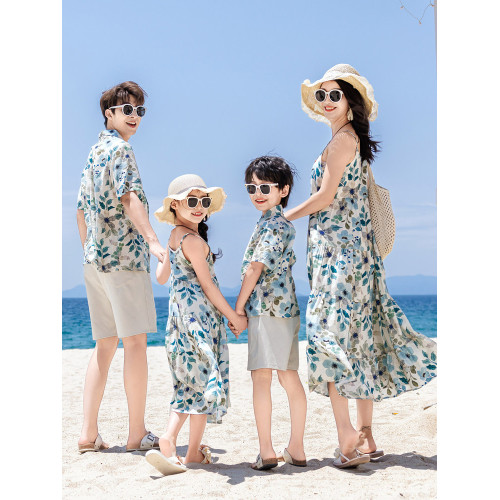 沙灘親子裝夏季一家三四口夏威夷復古港風襯衫海邊度假吊帶連衣裙